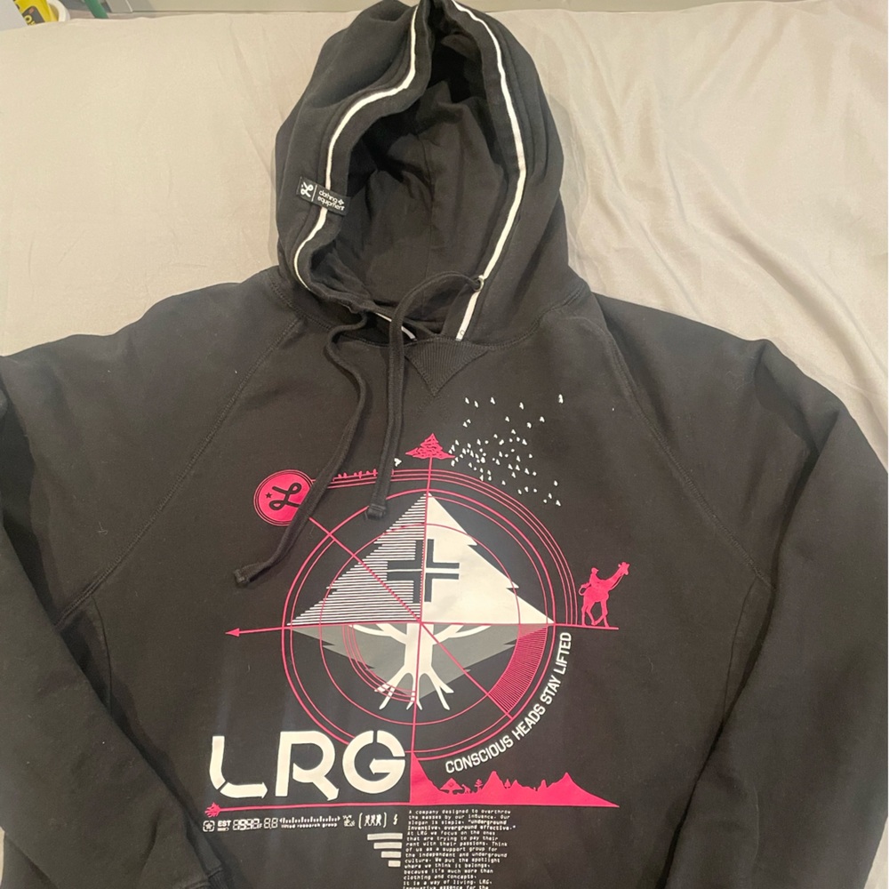 LRG Black Hoodie with Pink Graphics